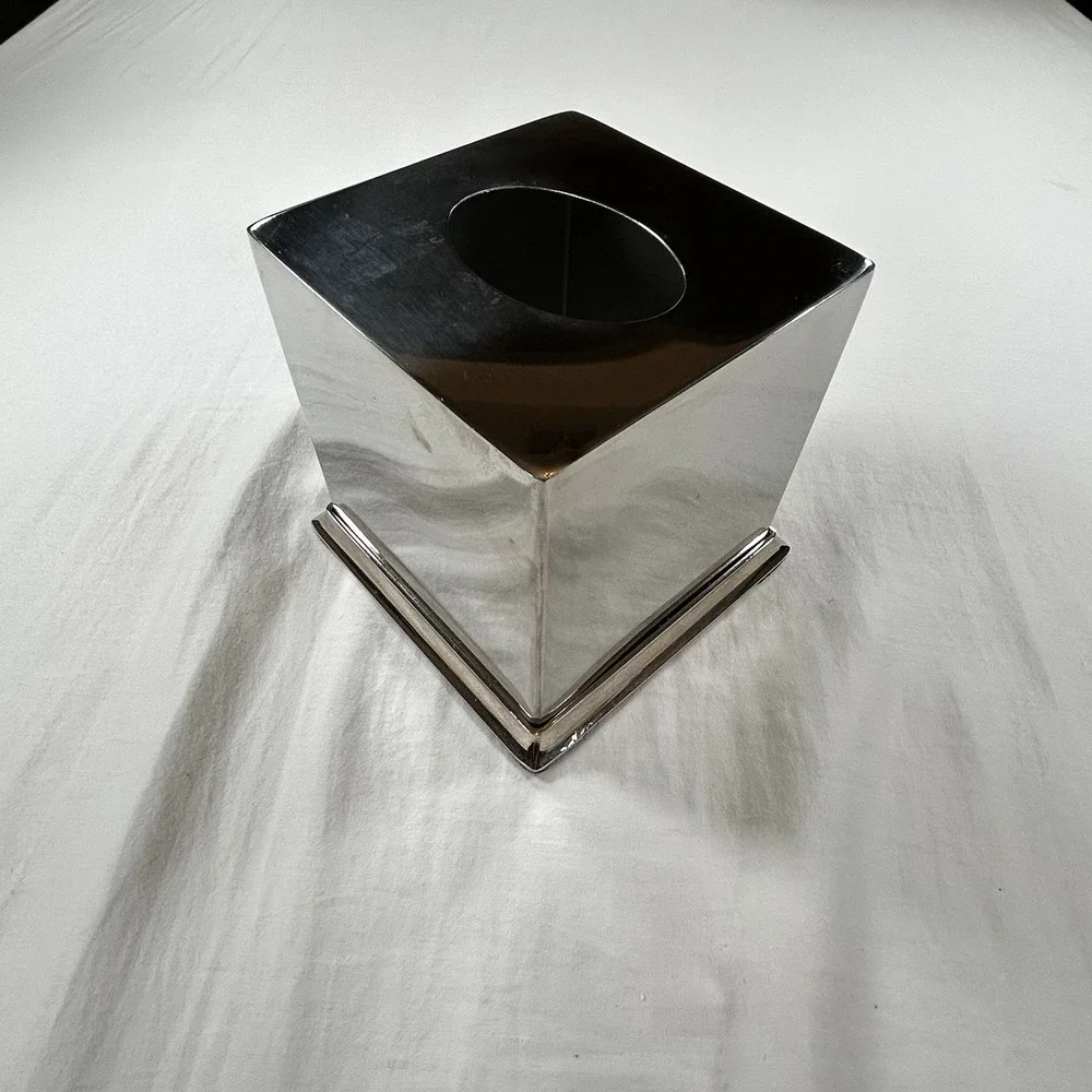 Pottery Barn Mercer Silver Metal Tissue Box Cover Holder Cube Mirrored Steel